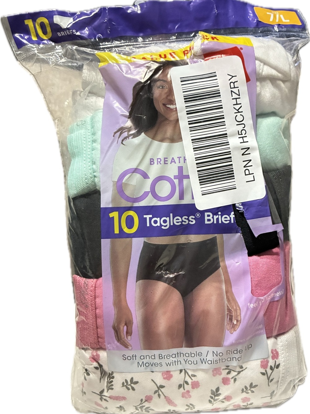 Hanes Cotton Briefs Multi-Color Pack - White, Mint, Black, Pink, Floral.Size 7/L